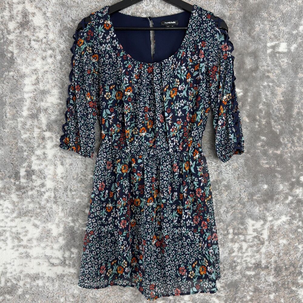 My Michelle Size S Floral Scoop Neck Keyhole Mini Flare Dress 3/4 Sleeve Button